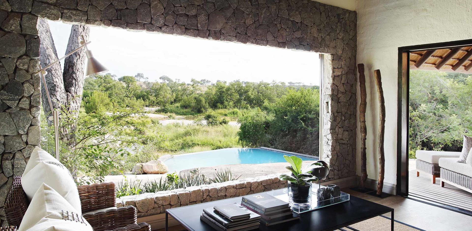 Open lounge with pool, Londolozi Private Granite Suites, South Africa, A&K