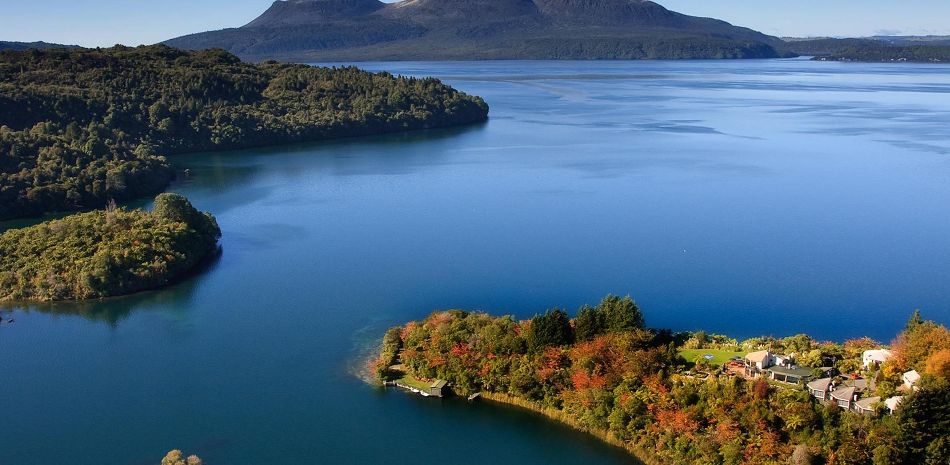 View of surrounding lake, Solitaire Lodge, New Zealand