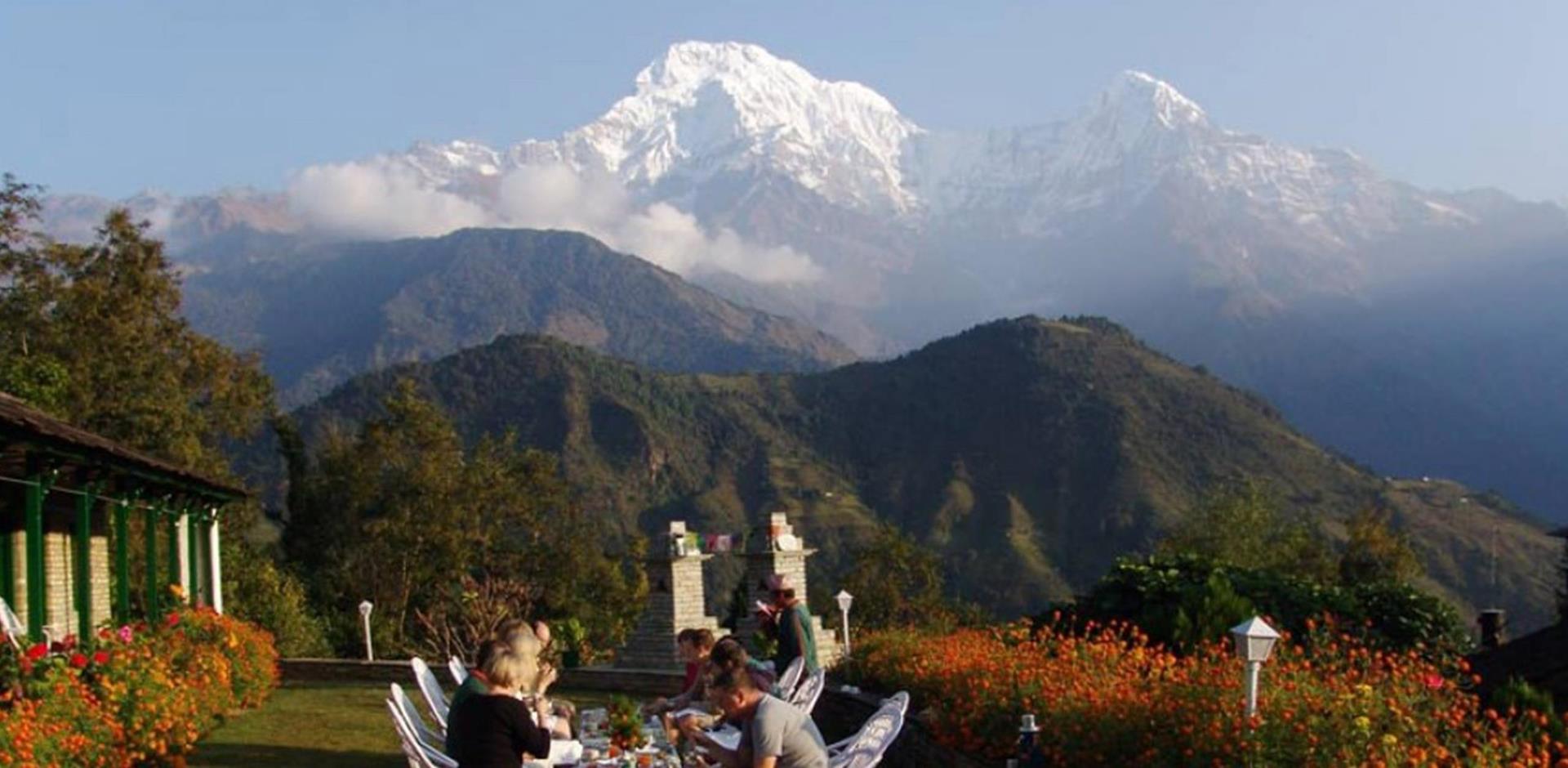 Outdoor dining, Mountain Lodges of Nepal, Birethanti, Nepal